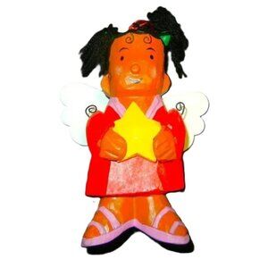 Vintage African American Handpainted Wooden Girl Christmas Ornament